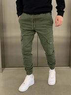 Olive Green Men's Slim-Fit Cargo Joggers with Drawstring Waist & Elastic Cuffs