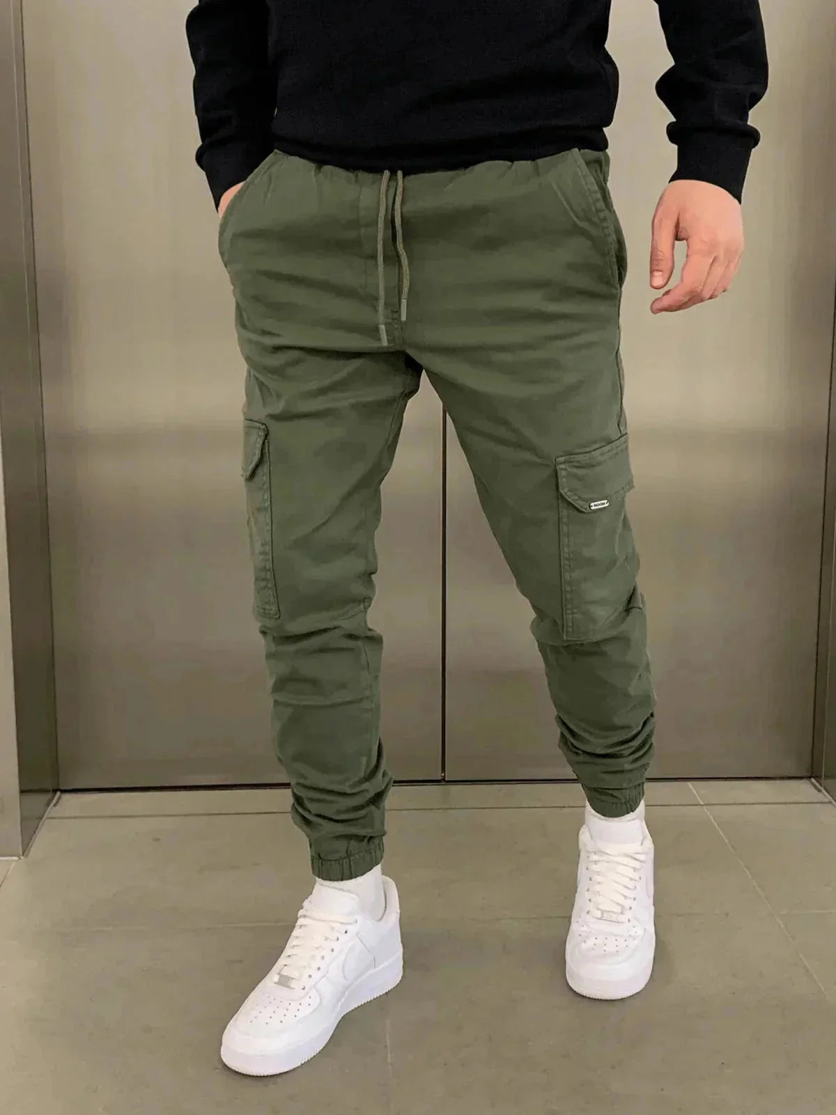 Olive Green Men's Slim-Fit Cargo Joggers with Drawstring Waist & Elastic Cuffs