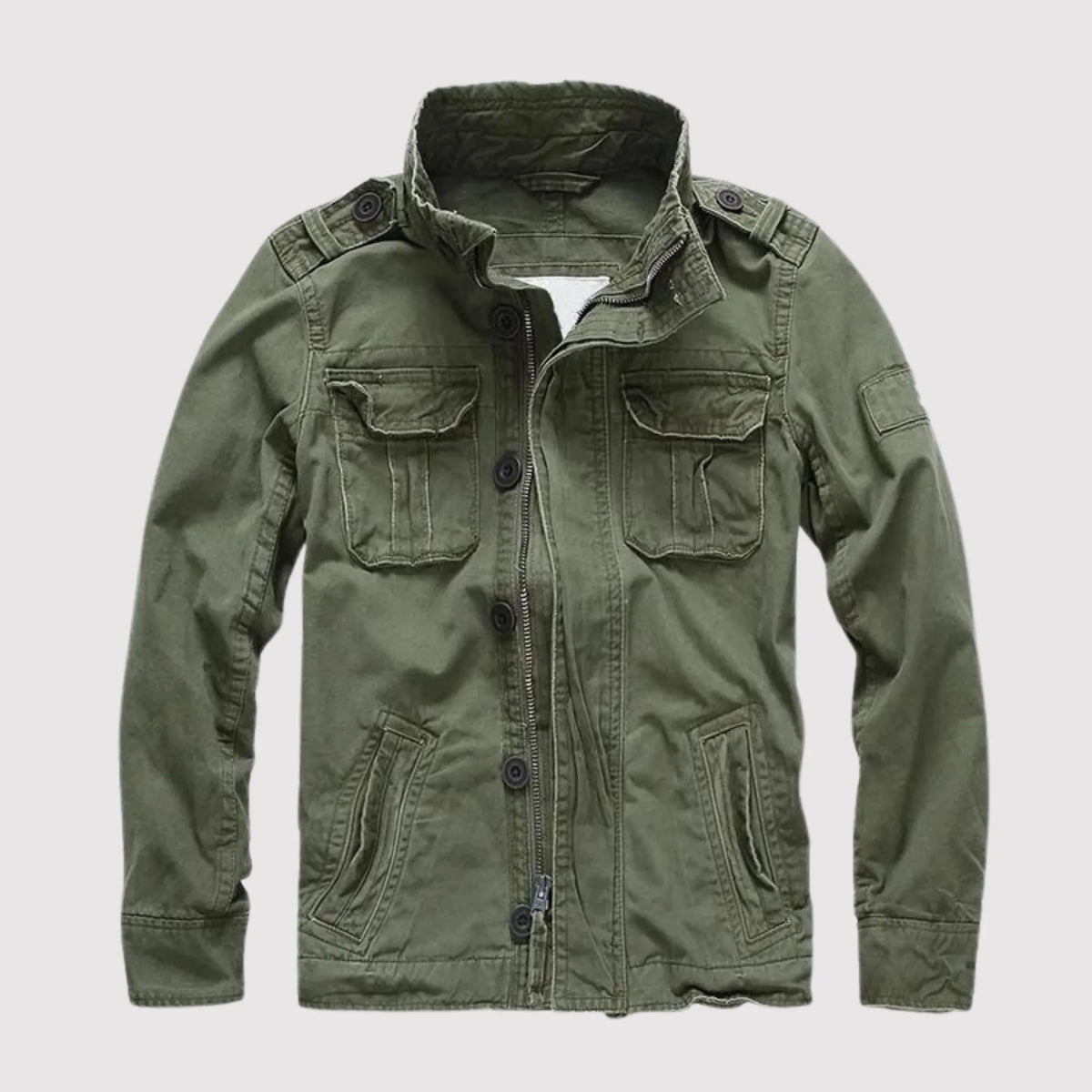 Dark Green Men's Denim Jacket with Button-Front Closure & Chest Pockets - Front Full