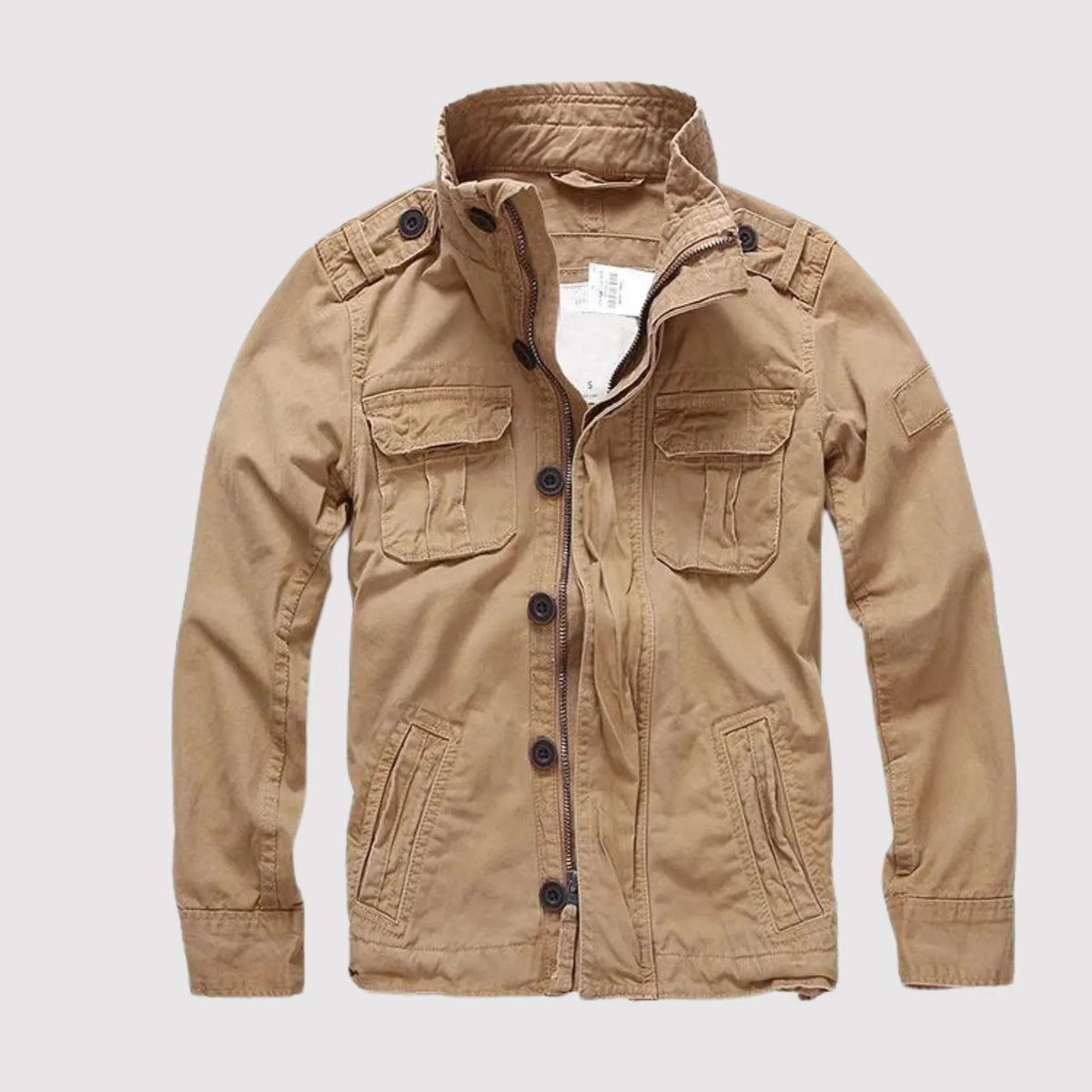 Khaki Men's Denim Jacket with Button-Front Closure & Chest Pockets