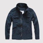 Dark Blue Men's Denim Jacket with Button-Front Closure & Chest Pockets - Flat Lay