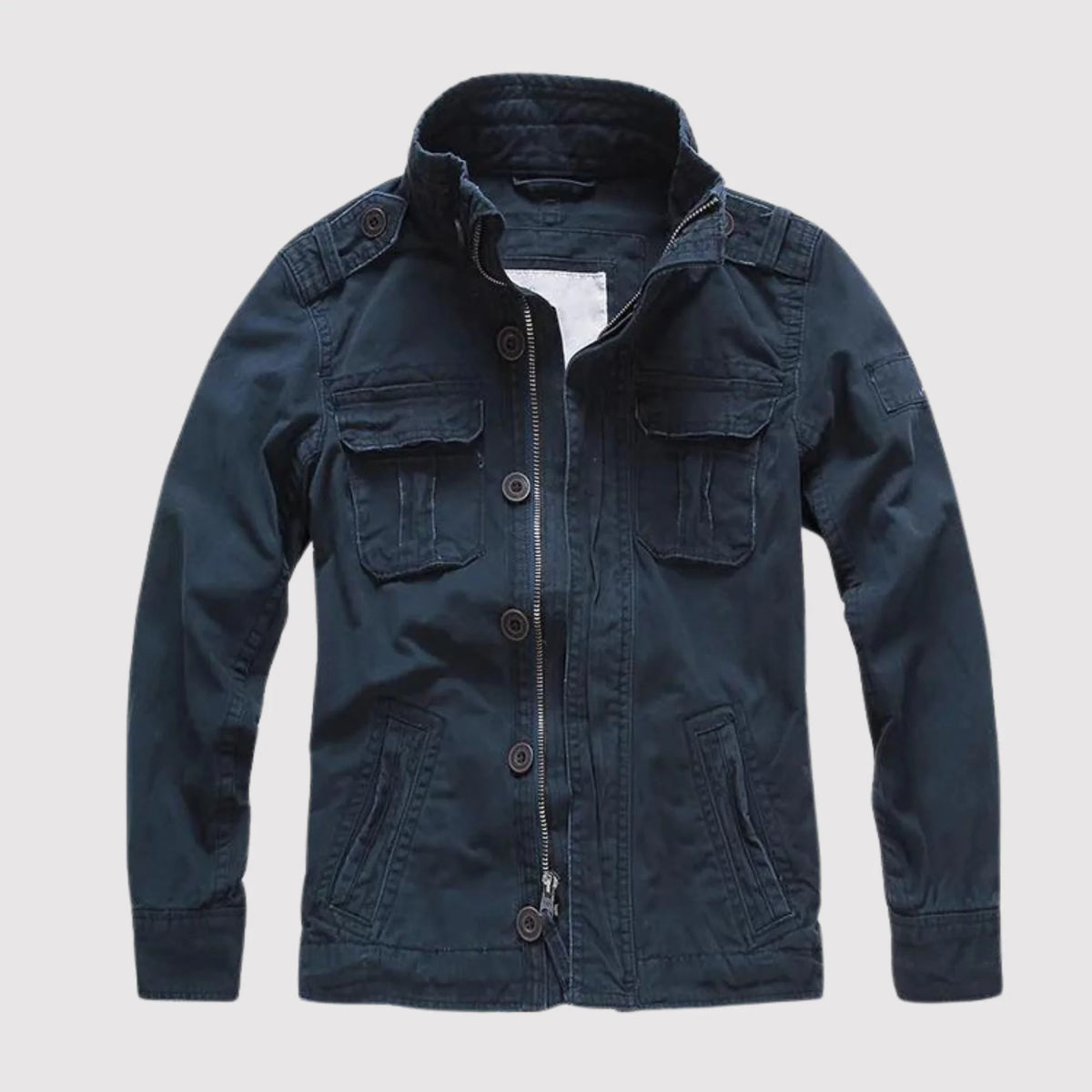 Dark Blue Men's Denim Jacket with Button-Front Closure & Chest Pockets - Flat Lay