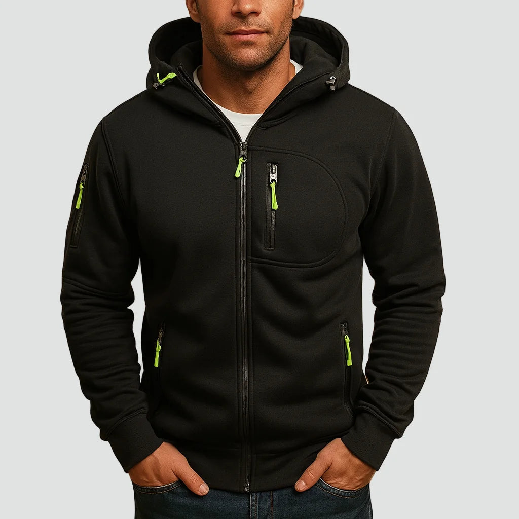 Black Men's Everyday Zip Hoodie with Adjustable Hood & Zip Pockets