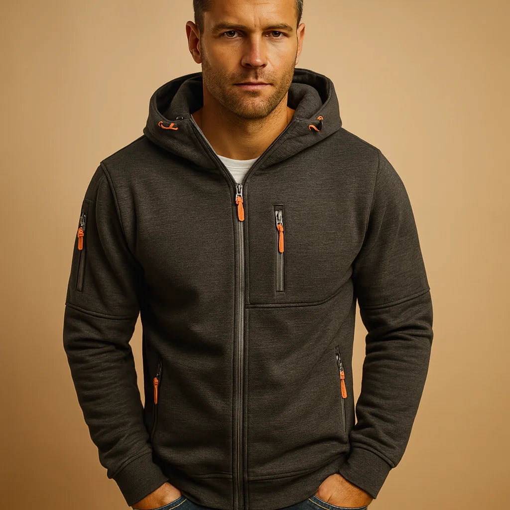 Dark Grey Men's Everyday Zip Hoodie with Adjustable Hood & Zip Pockets - Close Up Pockets