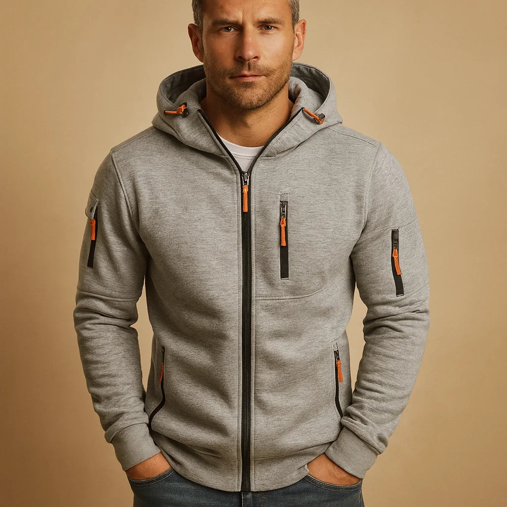Light Grey Men's Everyday Zip Hoodie with Adjustable Hood & Zip Pockets - Hood Detail
