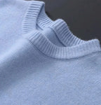 Light Blue Men's Mohair Sweater with Ribbed Crew Neck & Cuffs — Logan - Close Up Neckline