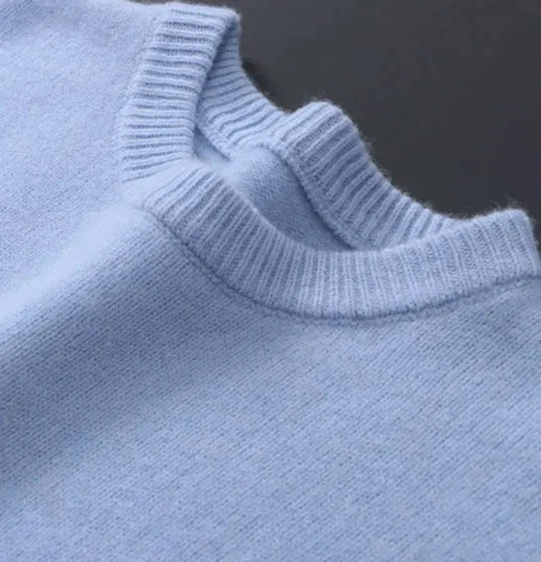 Light Blue Men's Mohair Sweater with Ribbed Crew Neck & Cuffs — Logan - Close Up Neckline
