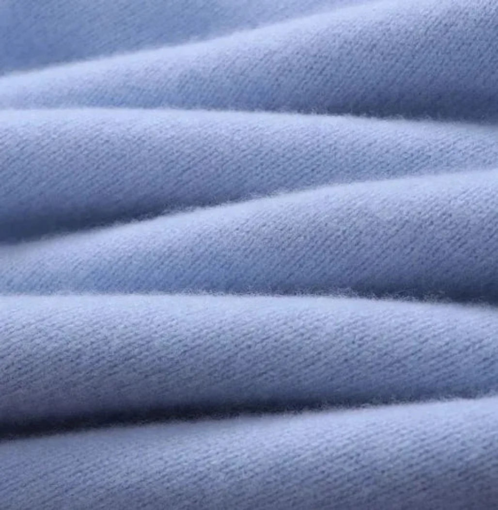 Light Blue Men's Mohair Sweater with Ribbed Crew Neck & Cuffs — Logan - Fabric Texture Detail