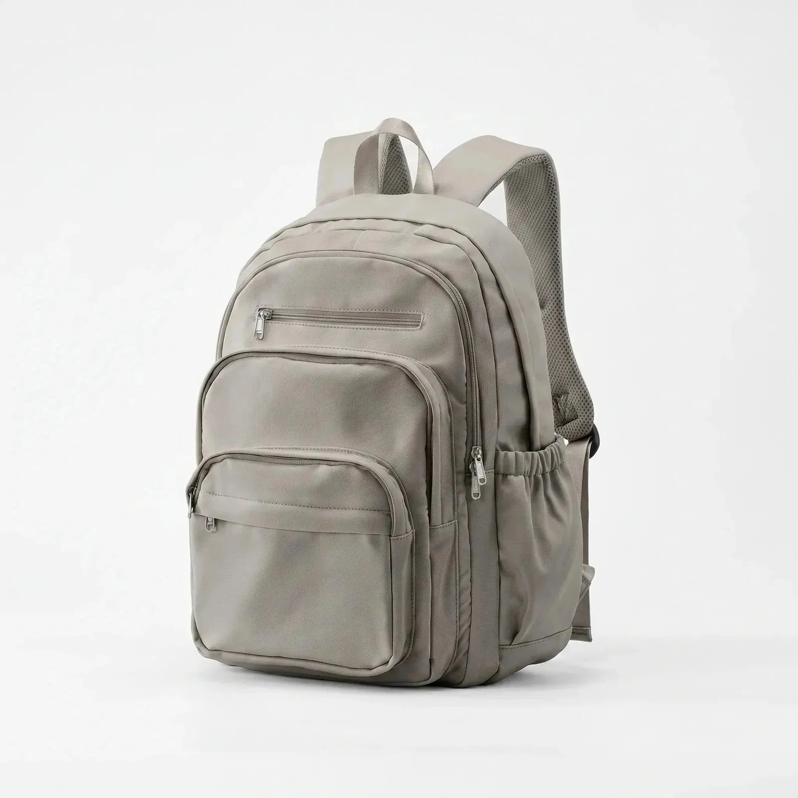 Beige Nylon Multi Pocket Backpack with Adjustable Mesh Straps - Studio Front Angle