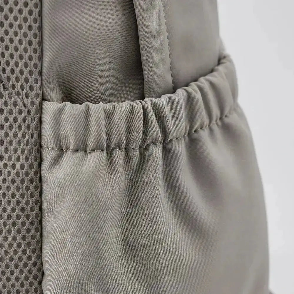 Nylon Multi Pocket Backpack with Adjustable Mesh Straps - Brown Close Up Side Pocket