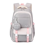 Grey Women's Multi-Pocket School Backpack with Adjustable Straps for Everyday Wear — Dora - Front Full Pink Accent