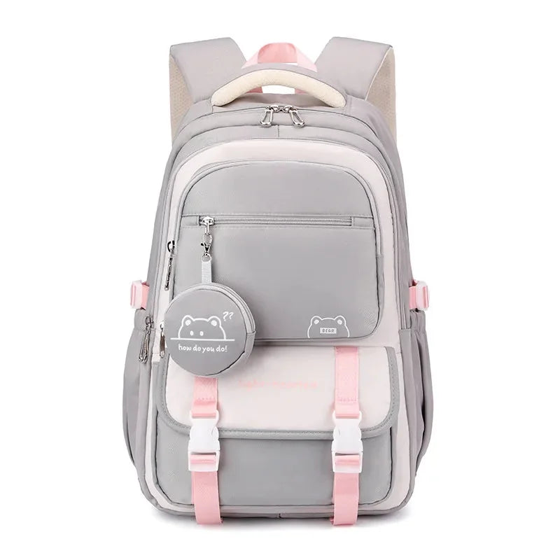 Grey Women's Multi-Pocket School Backpack with Adjustable Straps for Everyday Wear — Dora - Front Full Pink Accent