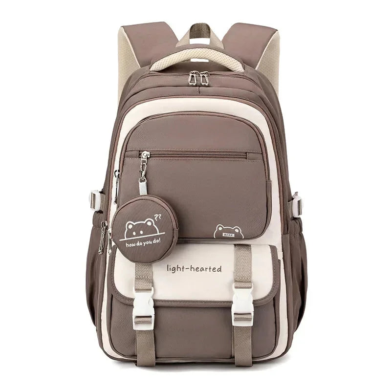 Khaki Women's Multi-Pocket School Backpack with Adjustable Straps for Everyday Wear