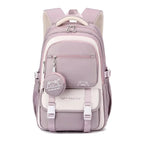 Purple Women's Multi-Pocket School Backpack with Adjustable Straps for Everyday Wear — Dora - Front Full Flatlay