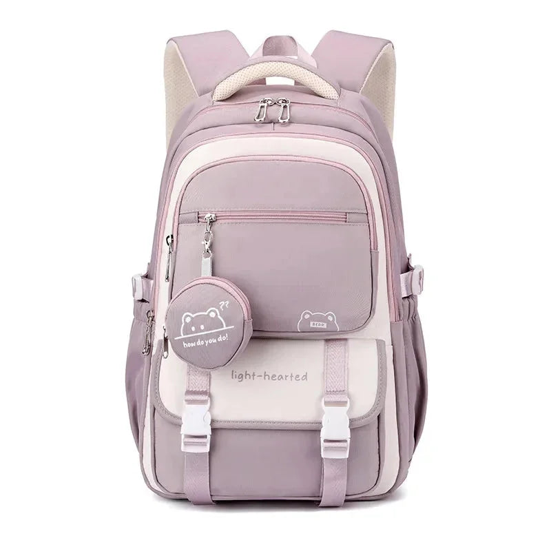 Purple Women's Multi-Pocket School Backpack with Adjustable Straps for Everyday Wear — Dora - Front Full Flatlay