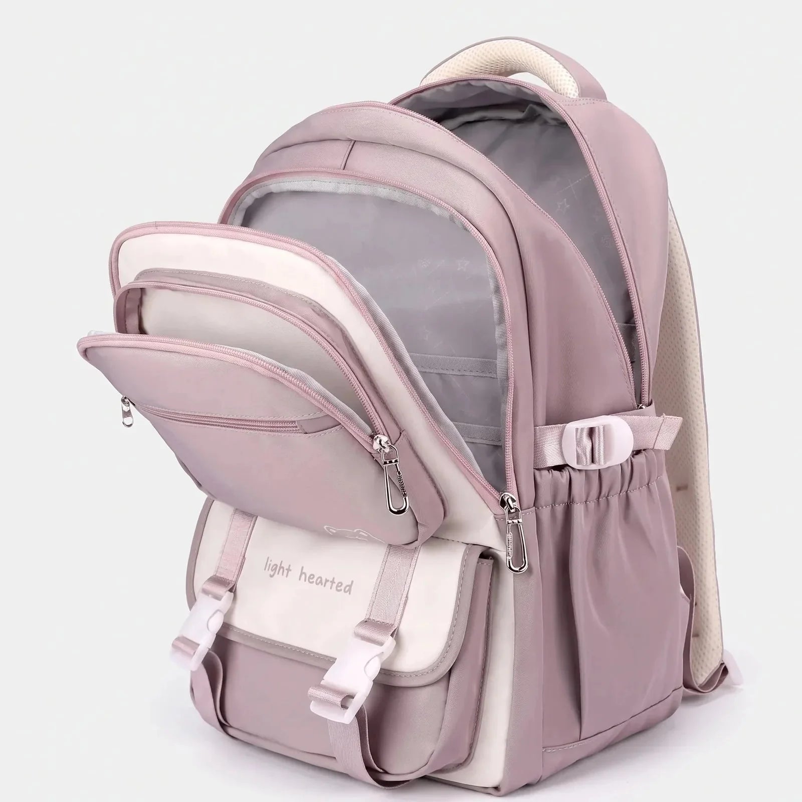 Purple Women's Multi-Pocket School Backpack with Adjustable Straps for Everyday Wear — Dora - Interior Open
