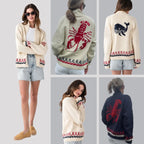 Women's Nautical Knit Cardigan with Embroidered Whale & Lobster Motifs - Collage Multi View