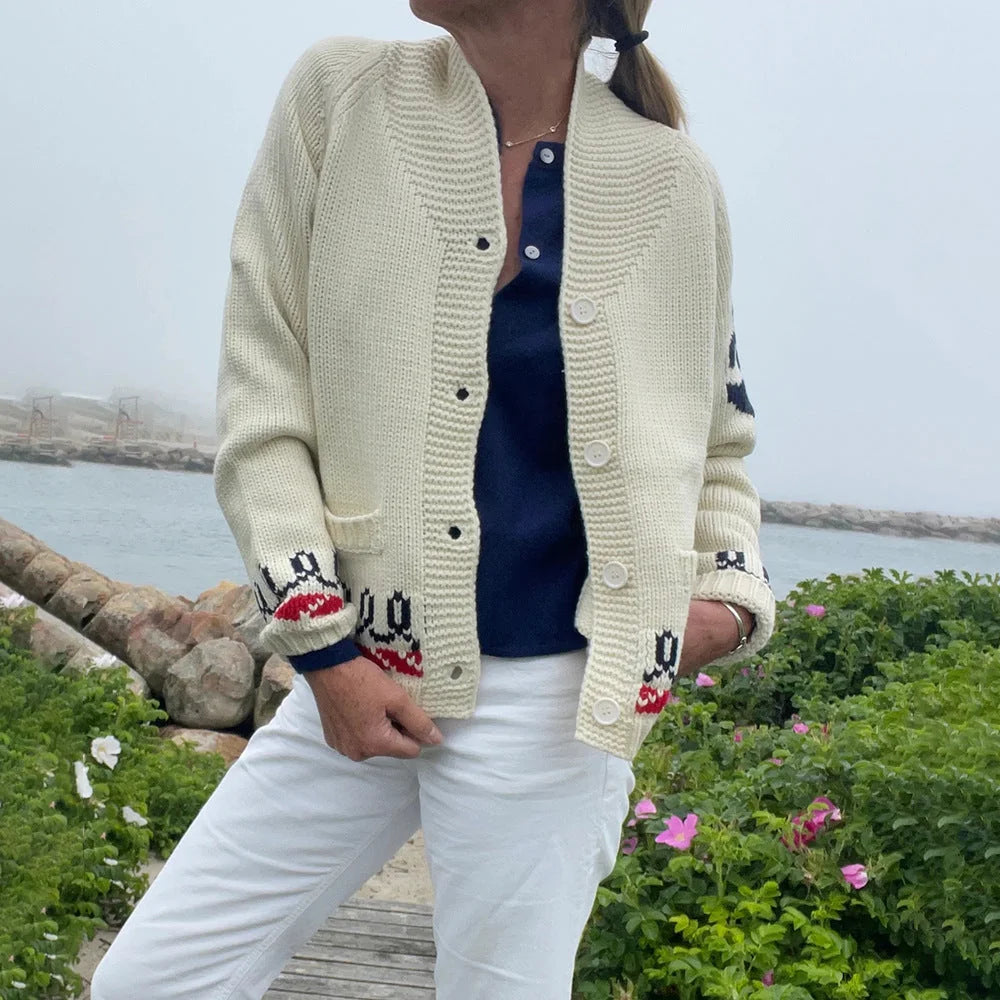 Beige (Lobster) Women's Nautical Knit Cardigan with Embroidered Whale & Lobster Motifs - Front Closeup