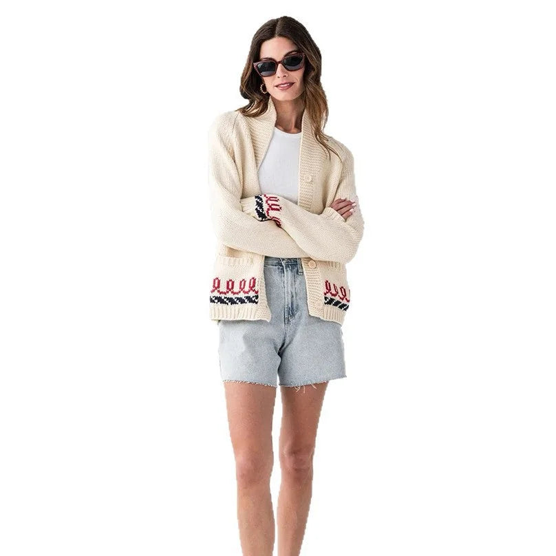 Women's Nautical Knit Cardigan with Embroidered Whale & Lobster Motifs - Front Full Studio