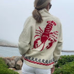 Women's Nautical Knit Cardigan with Embroidered Whale & Lobster Motifs - Lobster