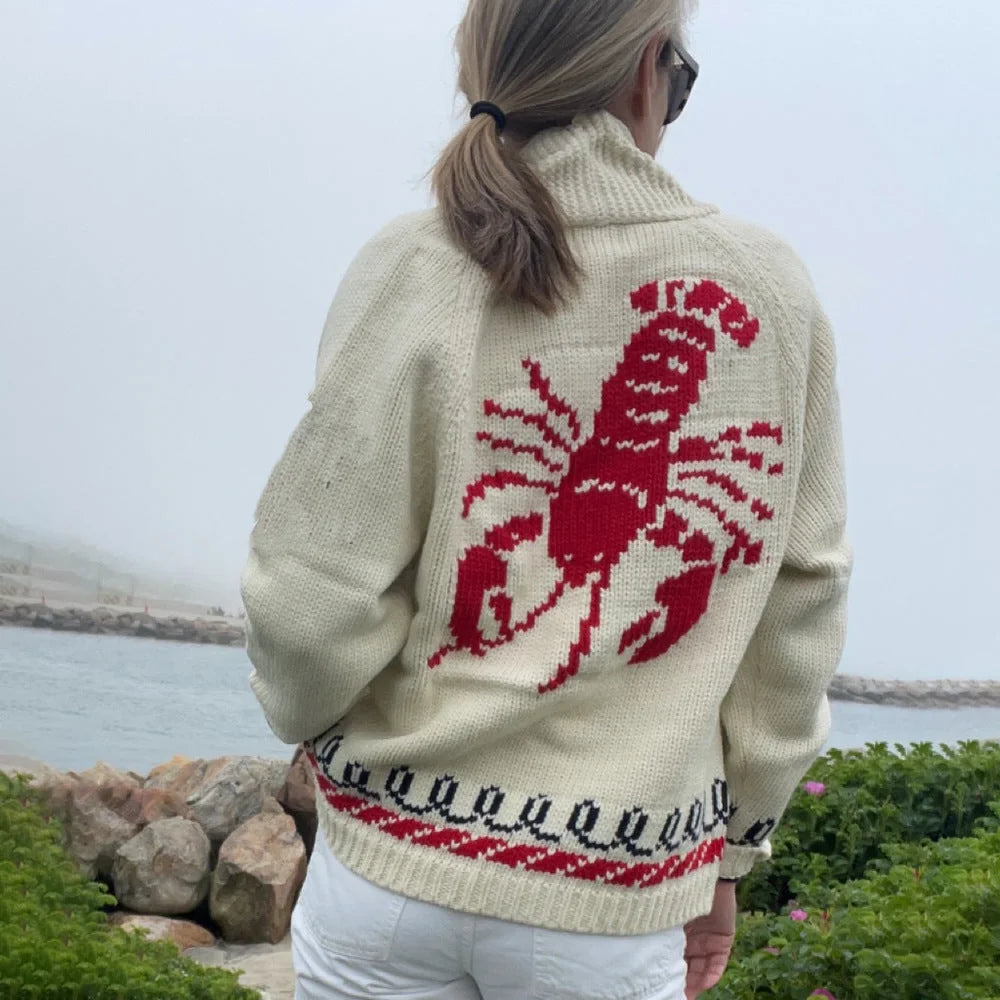 Women's Nautical Knit Cardigan with Embroidered Whale & Lobster Motifs - Lobster