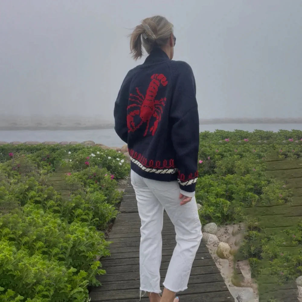 Women's Nautical Knit Cardigan with Embroidered Whale & Lobster Motifs - Back Lobster