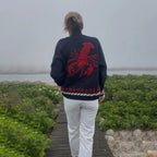 Black (Lobster) Women's Nautical Knit Cardigan with Embroidered Whale & Lobster Motifs - Lobster