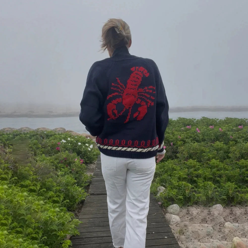 Black (Lobster) Women's Nautical Knit Cardigan with Embroidered Whale & Lobster Motifs - Lobster
