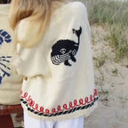 Blue (Wal) Women's Nautical Knit Cardigan with Embroidered Whale & Lobster Motifs - Wal