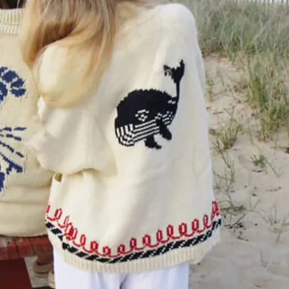 Blue (Wal) Women's Nautical Knit Cardigan with Embroidered Whale & Lobster Motifs - Wal