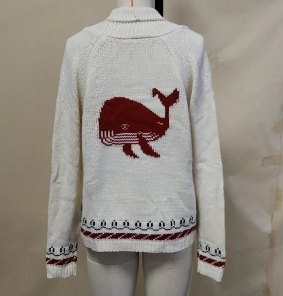 Red (Wal-Motive) Women's Nautical Knit Cardigan with Embroidered Whale & Lobster Motifs - Wal Motive