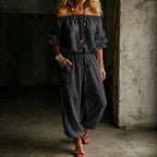 Black Women's Off Shoulder Jumpsuit with Puff Sleeves & Relaxed Wide-Leg Fit