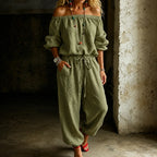 Green Women's Off Shoulder Jumpsuit with Puff Sleeves & Relaxed Wide-Leg Fit