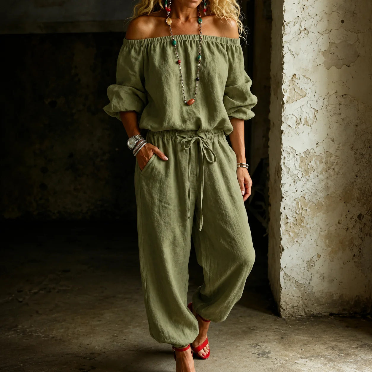 Green Women's Off Shoulder Jumpsuit with Puff Sleeves & Relaxed Wide-Leg Fit