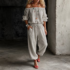Grey Women's Off Shoulder Jumpsuit with Puff Sleeves & Relaxed Wide-Leg Fit