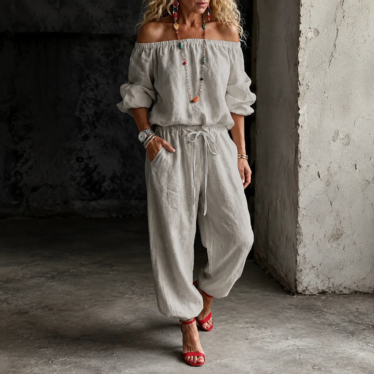 Grey Women's Off Shoulder Jumpsuit with Puff Sleeves & Relaxed Wide-Leg Fit