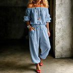 Light Blue Women's Off Shoulder Jumpsuit with Puff Sleeves & Relaxed Wide-Leg Fit