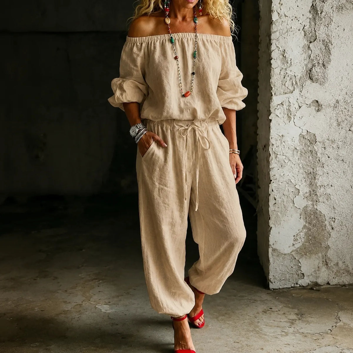 Light Khaki Women's Off Shoulder Jumpsuit with Puff Sleeves & Relaxed Wide-Leg Fit