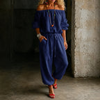 Navy Women's Off Shoulder Jumpsuit with Puff Sleeves & Relaxed Wide-Leg Fit