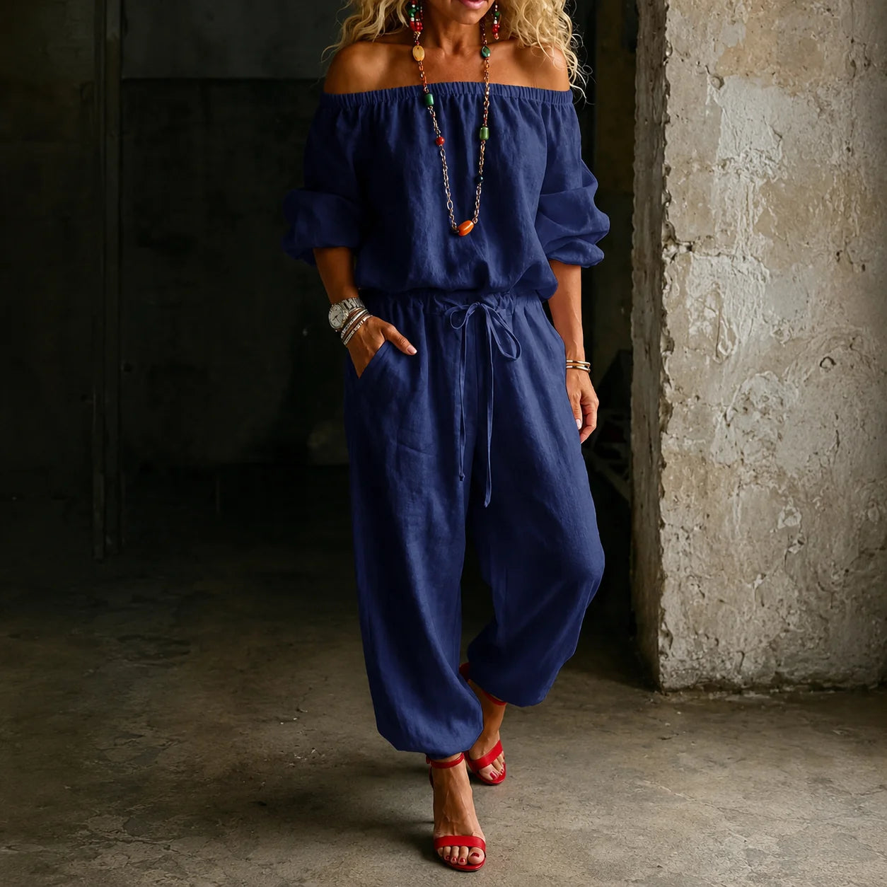 Navy Women's Off Shoulder Jumpsuit with Puff Sleeves & Relaxed Wide-Leg Fit