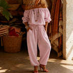 Pink Women's Off Shoulder Jumpsuit with Puff Sleeves & Relaxed Wide-Leg Fit — Brittany - Close Up Front