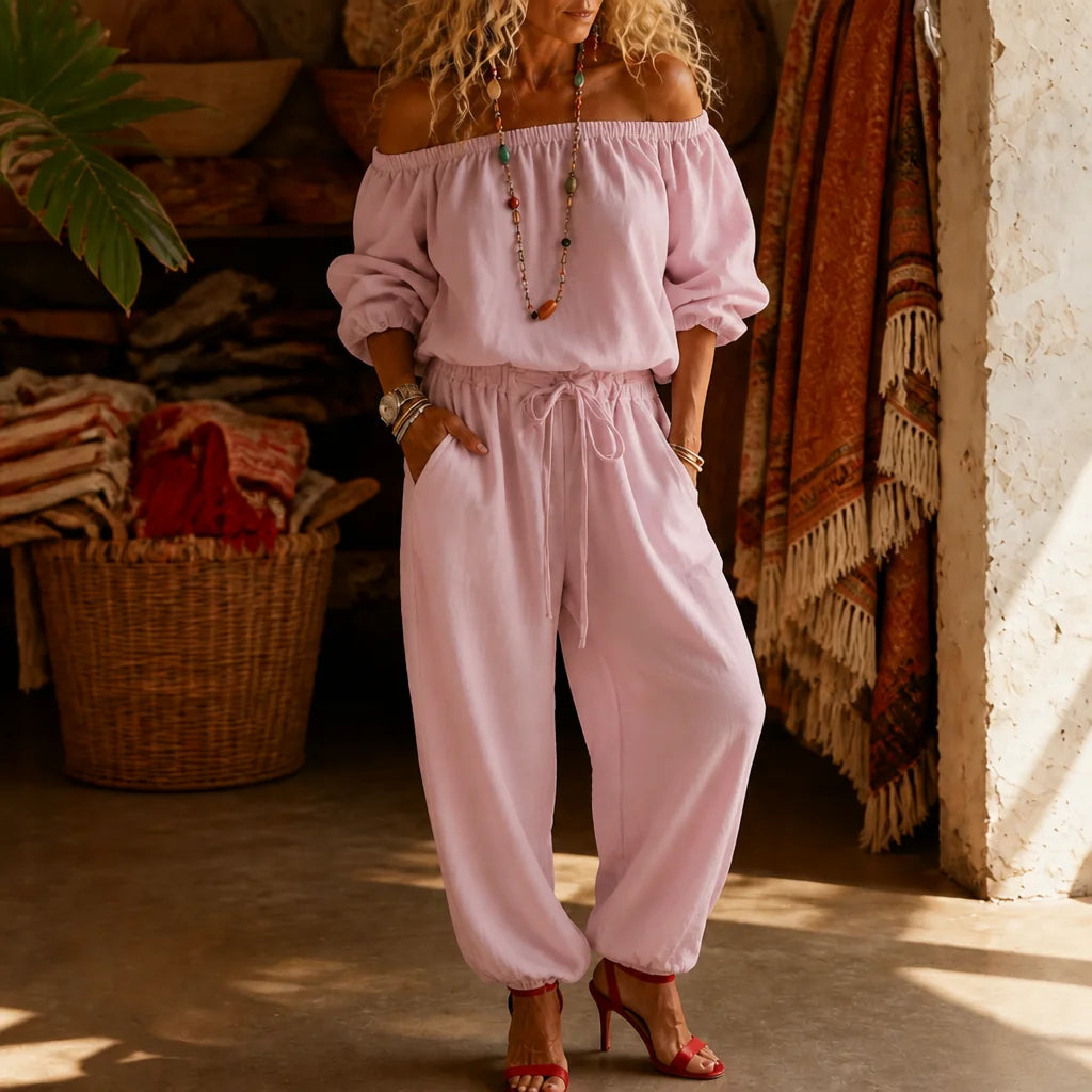 Pink Women's Off Shoulder Jumpsuit with Puff Sleeves & Relaxed Wide-Leg Fit — Brittany - Close Up Front