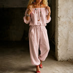 Pink Women's Off Shoulder Jumpsuit with Puff Sleeves & Relaxed Wide-Leg Fit