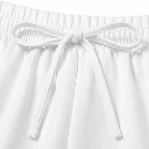 White Women's Off Shoulder Jumpsuit with Puff Sleeves & Relaxed Wide-Leg Fit — Brittany - Drawstring Detail