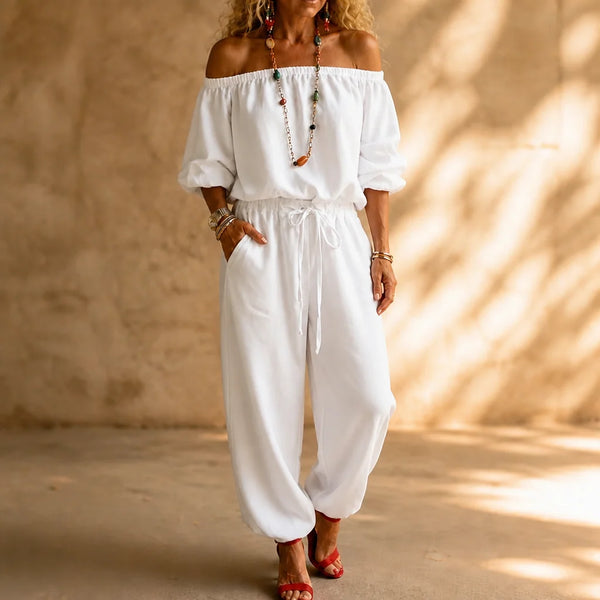 White Women's Off Shoulder Jumpsuit with Puff Sleeves & Relaxed Wide-Leg Fit — Brittany - Front Full