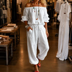 White Women's Off Shoulder Jumpsuit with Puff Sleeves & Relaxed Wide-Leg Fit