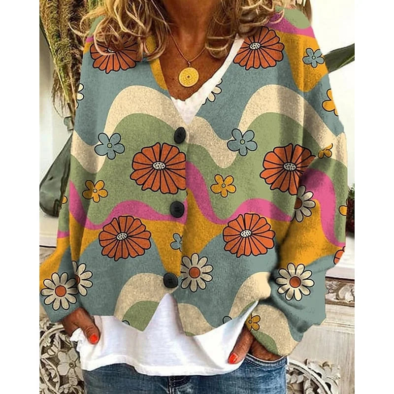 Blue Women's Floral Open-Front Cardigan with Button-Front Closure