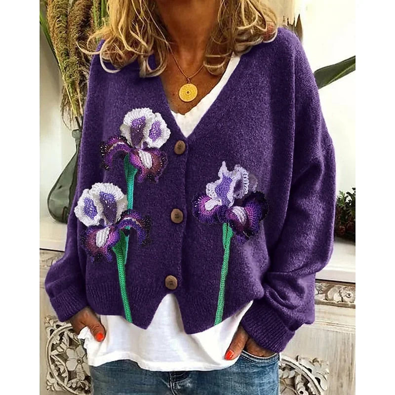 Purple Women's Floral Open-Front Cardigan with Button-Front Closure