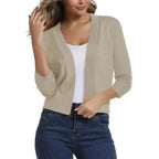 Beige Women's Open-Front Cropped Cardigan with 3/4 Sleeves