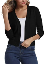 Black Women's Cropped Cardigan with Open-Front & 3/4 Sleeves - Close Up Front